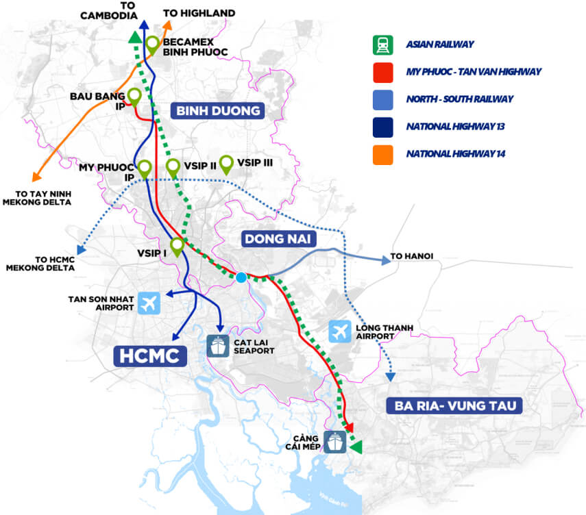 未來 HCM 高速公路和 13 號國道的十字路口，距離平陽新城約 20 分鐘車程，距離新山一國際機場約 1 小時車程。